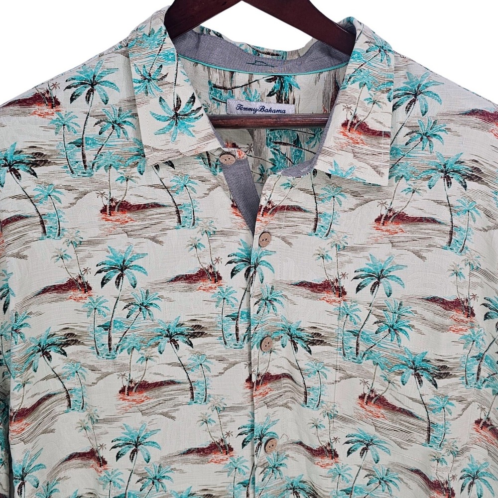Tommy Bahama Mens 2XLB Big & Tall Palm Tree Tropical Silk Camp Shirt Cream Teal